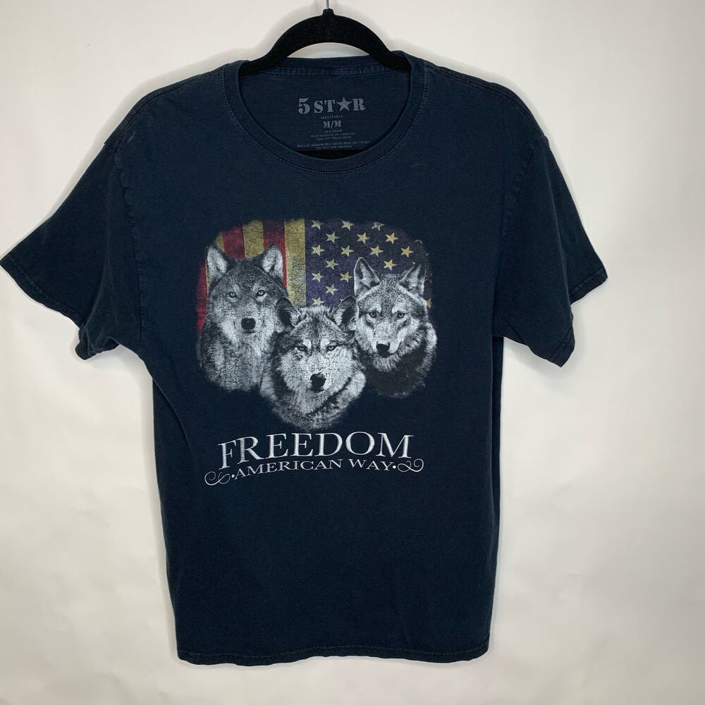 Five Star Graphic Tee T Shirt Black Wolves Freedom American Way Sz Medium